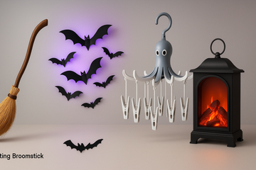 in my store i have those product 
 Sound Activated Floating Witch Broom,
3D Bat Wall Decor Halloween Night Light Purple Stickers for Party Decoration,
360° Octopus Drying Rack,
LED Fireplace Table Lamp,

create a banner image with 1920x800 px